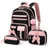 Amythe Zaino Scuola Elementare Bambina 3 Pezzi, Set Zaini Bambina Set 6-11 anni con Sacchetto per Pranzo e Astuccio per Matite, Zainetto Ragazza per Scuola, Nero