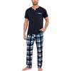 Bresdk Pigiami Uomo Estivi in Cotone Lungo Pigiami Due Pezzi Maniche Corte e Pantaloni Lunghi a Quadri con Tasche per Casa Morbido Loungewear,Blu,L