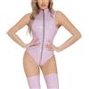 Panegy Body da donna in ecopelle metallizzata, mini body con cerniera e lingerie per feste in discoteca, Viola, M