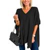 Melliflo Maglione da donna a maniche corte con scollo a V, alla moda, con spacco laterale, scialle, vestibilità ampia, poncho avvolgente, nero, Large