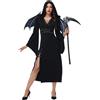 Générique Costume da Carnevale di Halloween da donna, abito lungo nero con cappuccio, scollo a V con maniche a campana, abito da strega seducente con spacco sul lato vestito gotico