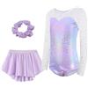 Happy Cherry Bambina Body Ginnastica Artistica Strass Lucidi Maniche Lunghe Leotards con Gonna di Tulle Tuta da Danza Costume da Ballo Elastico Viola per Ragazze 5-6 Anni