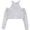 Generisch Maglietta per bambini con paillettes scintillanti, ideale per spettacoli jazz, streetdance, abbigliamento da palcoscenico a maniche lunghe, girocollo, per bambini e adolescenti