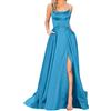 Generico Vestito Lungo Donna Elegante Abiti da Donna Lungo Senza Maniche Schiena Scoperta in Raso Tinta Unita Abito Spaghetti Straps Linea A Vita Alta con Tasche Spacco Frontale Sexy Vestito da Festa