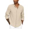 YAOBAOLE Camicia Lino Uomo Casual Camicia Estate Leggera Manica Lunga Bottoni Collo Mao Spiaggia Classico Tradizionale Unicolore, cachi., M
