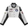 Aelfric Eden Giacca da donna in ecopelle, cropped, stile racing, con cerniera, patchwork, stampa di lettere, giacca da motociclista, hip-hop, Y2K, streetwear, Nero , XS