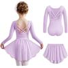 Arshiner Vestito da Danza Classica per Bambina a Maniche Lunghe Body da Danza in Cotone Senza Schienale Body da Balletto per Bambini con Gonna tutù Viola 3-4 Anni