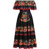 Odizli Abito lungo estivo da donna con spalle scoperte messicane boho floreale a linee A, maxi abito, nero/rosso, M