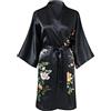 Ledamon Women's 100% Silk Kimono Short Robe (Black-B)