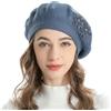 ZLYC Berretto Francese da Donna, Reversibile, Tinta Unita, Mosaico, in Cashmere, Caldo, per Ragazze, Due Fiori Blu Haze, Taglia Unica