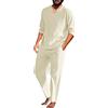 Generic Set di 2 pezzi in cotone e lino da uomo, abbigliamento estivo, abbigliamento sportivo 2 pezzi, tinta unita, a maniche corte, maglietta larga, 2 pezzi, abbigliamento completo, B Colore Cachi, M
