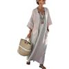 Mfhmom Abito Lungo Estivo Donna - Vestito Cotone Lino Maniche Corte Scollo a V Tasche Copricostumi Spiaggia Boho Chic Vintage Abbigliamento Curvy Taglie Forti Casual Primaverile Prendisole