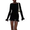 Owegvia Mini abito da donna in maglia sottile con bordo a contrasto girocollo a maniche lunghe con bordo a lattuga svasato mini abito lavorato a maglia, Nero , S
