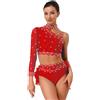 inhzoy Vestito da Ballo Latino Americano Tango Donna con Strass Abito da Danza Samba Rumba Salsa Crop Top Danza Moderna Monospalla Minigonna di Ballo Performance Rosso S
