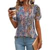 Rapbin Maglietta da donna con scollo a V, a maniche corte, con bottoni, camicia plissettata, camicetta da donna per l'estate, Stampa etnica, S