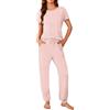 Ekouaer Pigiama da Donna a Maniche Corte e Pantaloni Lunghi con Stampa Carina 2 Pezzi con Tasche, Righe Rosa, XXL