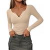 Totatuit Maglietta a Maniche Lunghe Donna Cotone Scollo a V con Occhielli Maglia a Coste Top Basic Elasticizzato Sexy Elegante Slim Fit Camicetta per Primavera Autunno Quotidiano Ufficio Festa