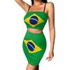 Suhoaziia Top Corto Cami Increspato da Donna Gonna Aderente Bodycon Completo 2 Pezzi Abito Sexy Mini da Club Vestito Slim Fit, Bandiera del Brasile, S