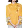 Lainthesnow Camicia da donna con ricamo floreale cinese a 3/4 manica a rana bottone alla coreana colletto alla coreana camicetta in cotone etnico in lino, Giallo-1., L