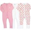 AdoraCub Confezione da 3 tutine per bambini con cerniera, in cotone biologico, bianco e rosa con cuori, morbide, confortevoli, traspiranti | Taglia da