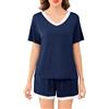 Sopesil Pigiama Donna Estivo in Modal Set Pigiama 2 Pezzi con Maniche Corte Scollo a V e Pizzo Tinta Unica Morbido Blu Navy,XL