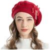 ZLYC Berretto Francese da Donna, Reversibile, Tinta Unita, Mosaico, in Cashmere, Caldo, per Ragazze, Ciondolo Fiore Rosso, Taglia Unica