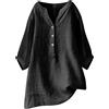 XOUSAEKM Top da donna in cotone e lino camicia da donna con maniche a 3/4 top da donna con bottoni UK scollo a V magliette casual tinta unita camicie oversize tunica alla moda camicette estive da donna