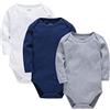 Wocharm Body a maniche lunghe per neonati, tinta unita, per ragazzi e ragazze, confezione da 3, blu navy + grigio + bianco, 12 mesi