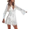LYSINK Copricostume da donna in pizzo sexy con motivo floreale, maniche lunghe, scollo a V, ritagliato all'uncinetto, mini abito estivo da spiaggia, Ba Bianco, M