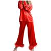 Generisch Pigiama da donna in raso, set di Natale, per feste, pigiama lungo, elegante, biancheria da notte in due pezzi, con scollo a V, bottone, piuma, tinta unita, pigiama con piume