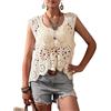 SMDPPWDBB Canottiera da donna in pizzo floreale all'uncinetto, estiva, a maniche corte, svuotata, in maglia, con scollo a O, sciolta, Beige, Taglia Unica