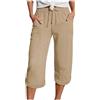 Generico Pantaloni in Lino 3/4 Donna Cotone Estivi Pantaloni a Tre Quarti Gamba Larga Leggeri Comodi Con Tasche Pantalone Cropped Spiaggia Estivi Elastico In Vita Pinocchietti Larghi Curvy Cotone Look Casual