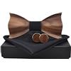 GIVBRO Papillon Da Uomo In Legno Con Papillon A Quadri Con Tasca Quadrata E Gemelli Set Per Smoking Festa Di Nozze Anniversario 3 Pezzi
