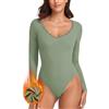 WOWENY Body da donna a maniche lunghe termico elegante con pizzo, micro pile, con scollo a V, body da donna caldo a maniche lunghe, body da donna con pizzo, body da donna tradizionale, verde chiaro