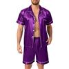 Lovasy Pigiama Uomo in Raso Estivo con Bottoni Davanti Pigiami Set Corta Scollo a V e Maniche Corte 2 Pezzi Seta Pigiama da Casa Leggero T-Shirt,A-Viola,M