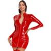PARUPRUP Donna Sexy Pelle Cerniera Frontale Mini Vestito Latex Wetlook Bobycon Clubwear Festa Hot Babydoll (IT, Testo, XL, Regular, Regular, Manica Lunga Rosso)