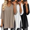 Suilung - Confezione da 3 T-Shirt da Donna Oversize a Maniche a 3/4, Scollo a V, Stile Tunica in Maglia con Spacchi Laterali(L,Nero, Bianco, Kaki)