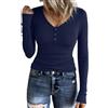 Aottori Maglia Donna con Bottoni Maglietta a Maniche Lunghe Basic Shirt Scollo a V Sottogiacca Aderente Elasticizzato Top a Coste Tinta Unita Blu Scuro L