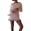 Owegvia Mini abito da donna in maglia sottile con bordo a contrasto girocollo a maniche lunghe con bordo a lattuga svasato mini abito lavorato a maglia, rosa, S