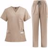 Meichoon Set di uniformi mediche da donna, con scollo a V, maniche corte, pantaloni a gamba dritta, 8 tasche, elastico con coulisse, traspirante, DK77