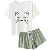 MyFav Pigiama estivo da donna, 2 pezzi, motivo: gatto carino