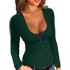 ELFIN Maglietta a Maniche Lunghe da Donna Slim Fit T-Shirt Basic Sexy Girocollo Elasticizzata Magliette a Coste con abbottonatura Casual Camicetta Verde Scuro S