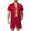Lovasy Pigiama Uomo in Raso Estivo con Bottoni Davanti Pigiami Set Corta Scollo a V e Maniche Corte 2 Pezzi Seta Pigiama da Casa Leggero T-Shirt,A-Rosso,XL