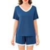 Sopesil Pigiama Donna Estivo in Modal Set Pigiama 2 Pezzi con Maniche Corte Scollo a V e Pizzo Tinta Unica Morbido Blu Polvere,L