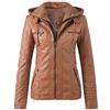 Gefomuofe Giacca in pelle da donna con cappuccio in ecopelle, con cerniera, da motociclista, marrone, M
