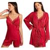 Laura in - Completo Elegante di Pigiama di Seta Raso da Donna con Pizzo. 5 Pezzi, Cappotto, Vestaglia, Top Camicia da Notte, Pantaloni e Pantaloncini.RossoS1106