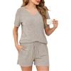 Lovasy Pigiama Donna Estivo in Maglia a Coste Pigiama Set Corto Scollo a V e Maniche Corte 2 Pezzi Pigiama da Casa Leggero Sleepwear Pigiama