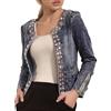 Foweknow Giacca di jeans da donna con strass, vintage, a maniche lunghe, con tasche, tinta unita, leggera, in denim elegante, per il tempo libero, Blu, M