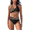 SHEKINI Costume da bagno da donna con scollo a V, con reggiseno push up, Stampa nera e leopardata, S