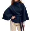 Duohropke Cappotto corto in lana da donna, con collo alto, trench con cintura, maniche a pipistrello, poncho, mantello, elegante, giacca invernale, classico mantello del pavone, abbigliamento, Blu, S